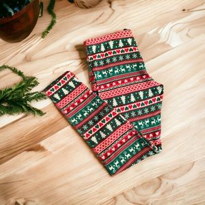 Women’s, Christmas Print  Leggings, Red,Grn & White, Reindeer, Fir Trees, Sz. LG